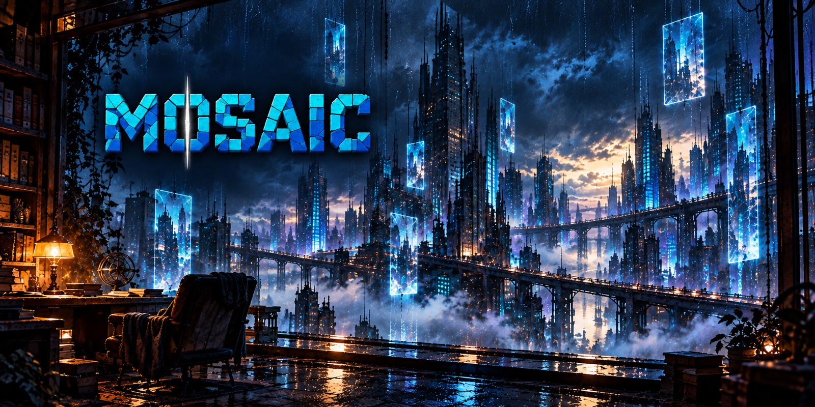 MOSAIC gateway panel: a warm bookstore reading-room edge opening onto the MOSAIC city, with the MOSAIC wordmark.